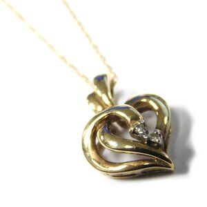 10K Yellow Gold Necklace w Heart Pendant 18" Fine Chain Diamond Stones Love Gift